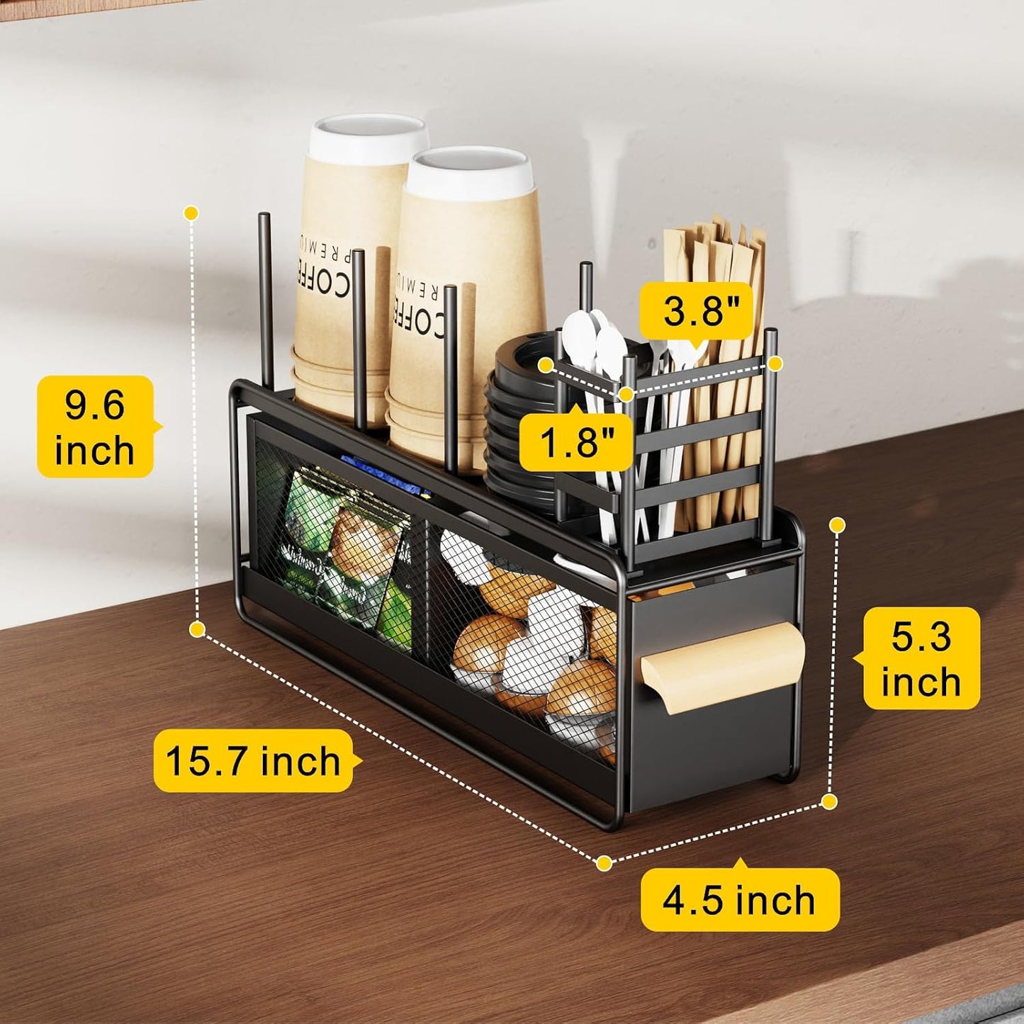 GSlife Narrow Coffee Bar Organizer - Countertop Station with Drawer, Black | Only 4.5 in Wide, Pull-Out Pod Drawer, Cup &amp; Lid Holders, Stirrers, Straws &amp; Condiment Storage, for Coffee Bars &amp; Breakrooms