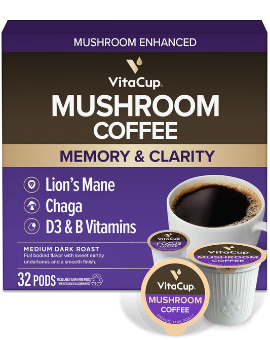VitaCup Mushroom Medium Roast Coffee Pods, with Lions Mane, 32ct