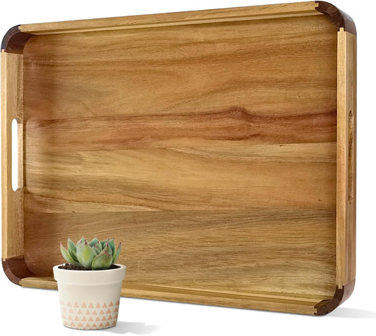 22 Inches Acacia Wood Serving Tray with Handles, Large Wooden Rectangle Ottoman Tray, Nice Home Decor for Living Room Coffee