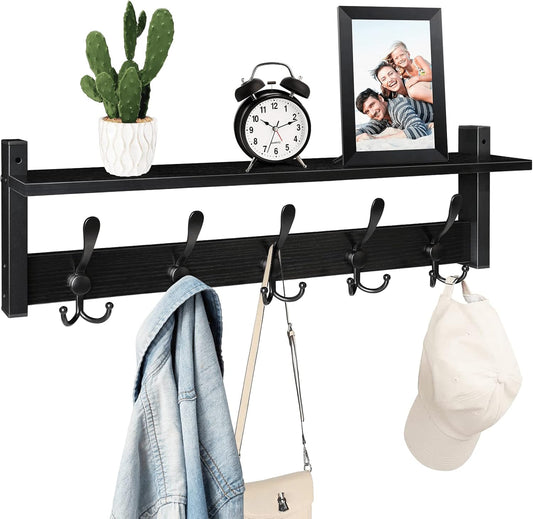 Homode Coat Rack with Shelf, 24" Coat Hooks Wall Mounted with Shelf, Wooden Hanging Coat Hanger with Tri Hooks for Entryway,