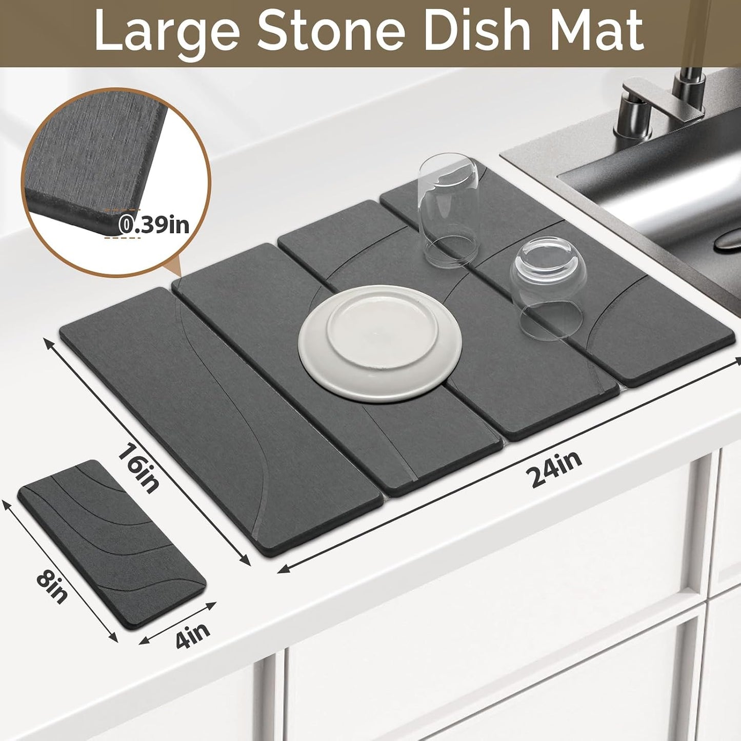 Large Stone Dish Drying Mat for Kitchen Counter, 2 PCS Quick Dry Stone Mats, Foldable Water Absorbing Diatomaceous Earth Drying Dishes Pad for Countertop Bottle Utensil Cup(Carved Gray 24"x16"&amp;8"x4")