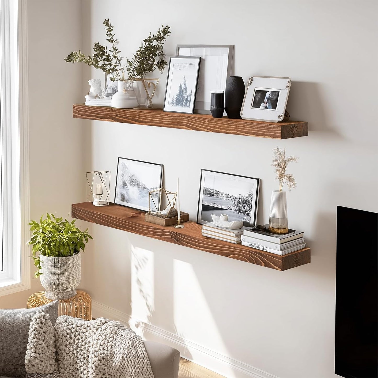 Solid Wood Floating Shelves, 36 Inch Wall Shelves, Set of 2, Brown