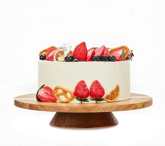 12" Acacia Wood Revolving Cake Stand, Rotating Cake Turntable with 2 Plastic Icing Spatulas, 3 Plastic Smoothers, Wooden