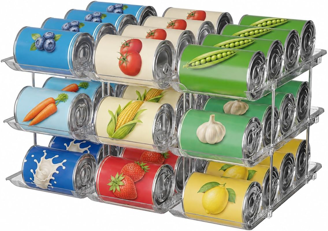 Can Organizer For Pantry, Adjustable Height And Width Canned Goods Organizer, Roller Soup Can Organizer Holds Up to 36 Cans for Kitchen Cabinet or Refrigerator(CLear 3 Tier)