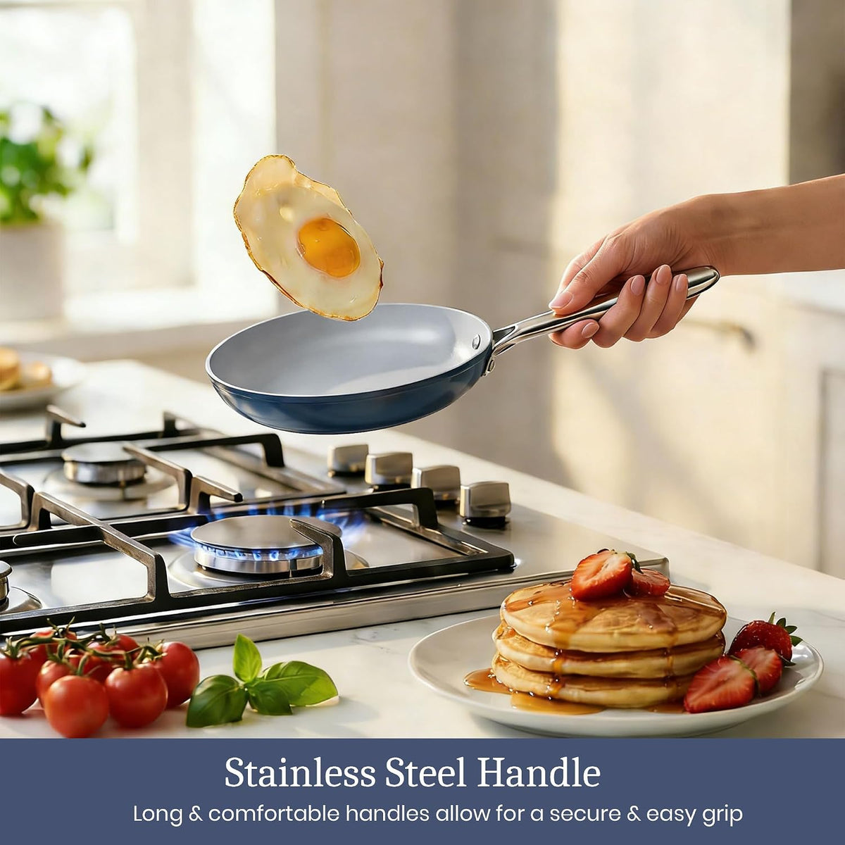 Nonstick Ceramic Frying Pan 8 Inch for Induction Cooktop - Non Toxic PTFE/PFOA/PFAS Free, Oven & Dishwasher Safe up to 500°F - Non Stick Small Egg Skillet with Stay-Cool Handle - Navy Blue