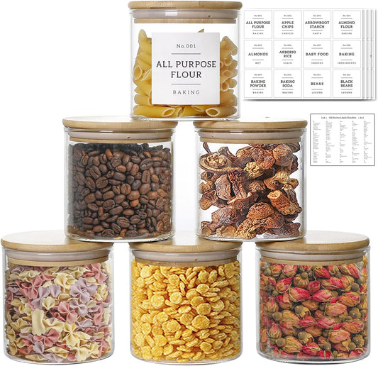 20 OZ Glass Food Storage Jars with 132 Pantry Labels Preprinted - 6 Pcs Thicken Glass Storage Containers with Airtight