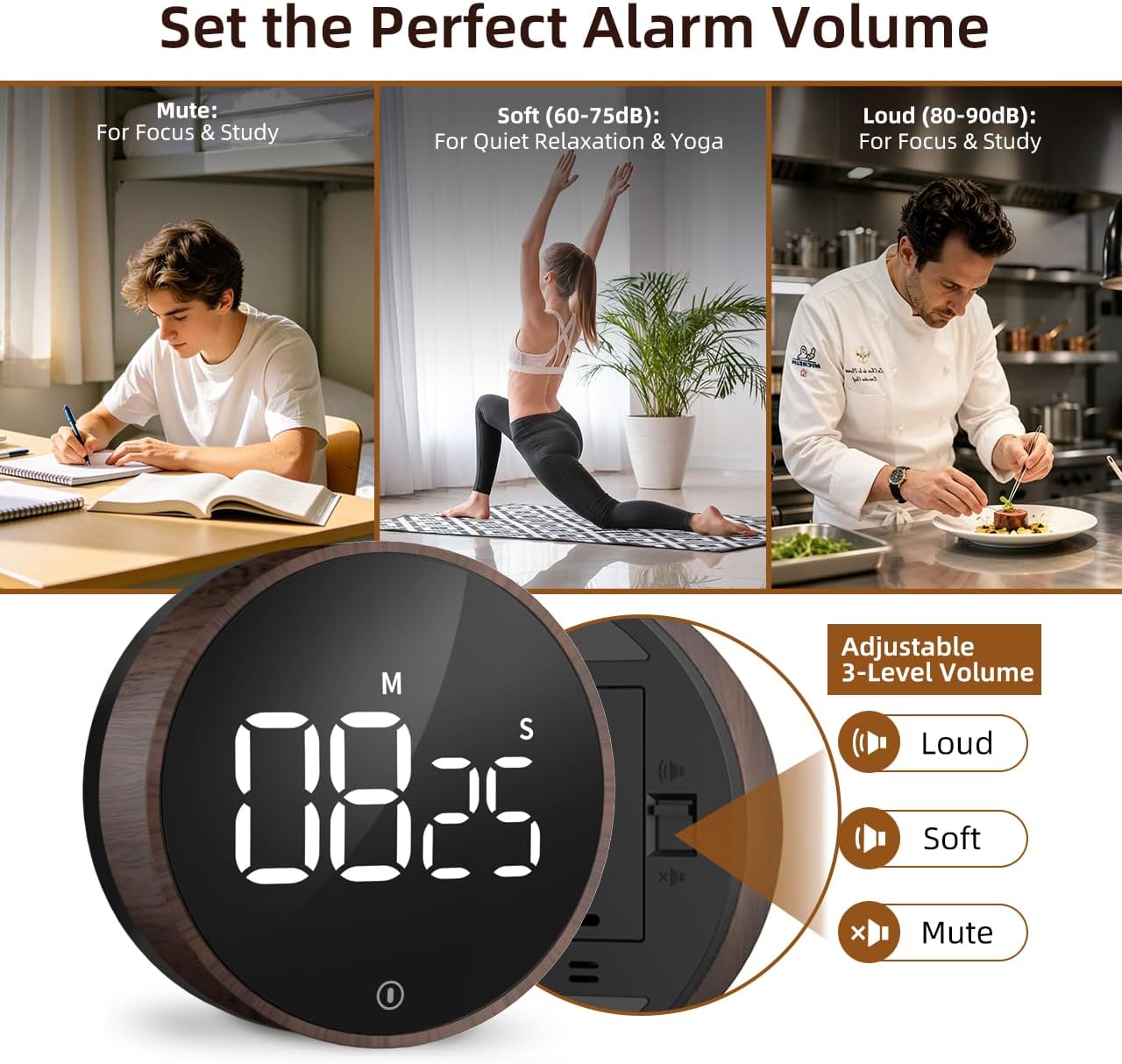 Digital Magnetic Kitchen Timer &amp; Stopwatch with LED Display, Woodgrain | Up to 99:55 Countdown &amp; Count Up , Easy Twist Control, Adjustable Volume &amp; Brightness, Magnetic Back, Battery Powered