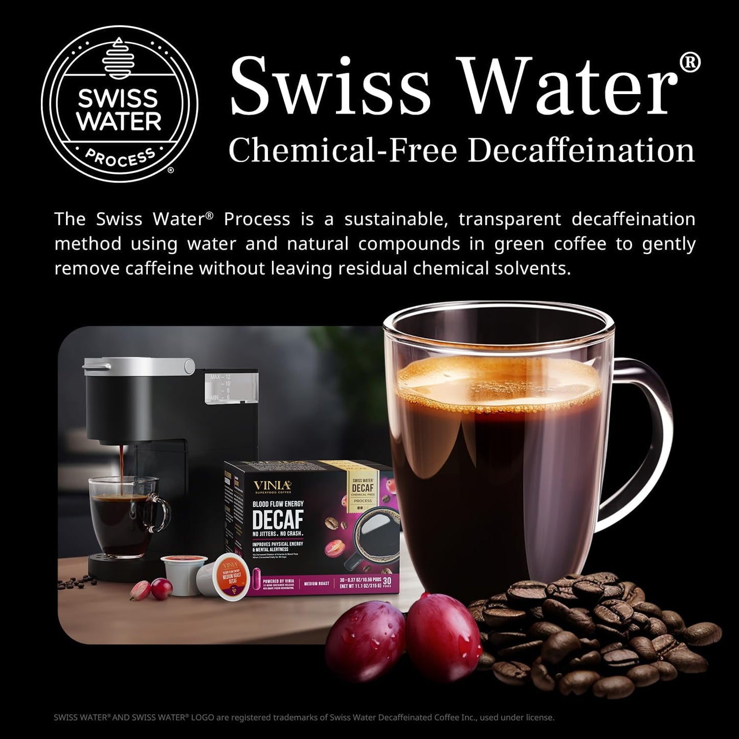 VINIA Blood Flow | Decaf Medium Dark Roast Coffee Pods | K-Cup Pods, 30 Ct | Functional Coffee | 100% Arabica | Red Grape Piceid Resveratrol | Heart Health, Physical Energy, Alertness, Circulation