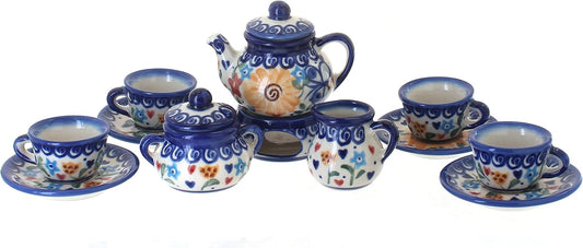 Blue Rose Polish Pottery - Yellow Butterfly Miniature Tea Set - 1 Set - Polish Pottery Collectible Tea Set with Teapot &