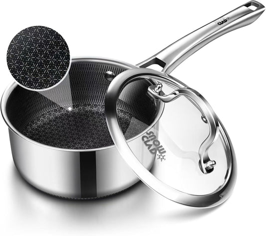 Sauce pan with lid,1.5 Quart Hybrid Nonstick Sauce pans set, Stainless Steel cookware,non stick Pots PFOA Free,Works on Induction,Ceramic and Gas Cooktops
