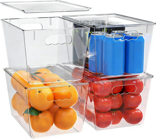 YAN &amp; HIN 4 Pack Clear Storage Bins with Lids, Stackable Plastic Organizer Bins with Handles, Pantry Organizers and Storage for Kitchen Cabinet, Fridge, Bathroom, Closet and Shelf Organization