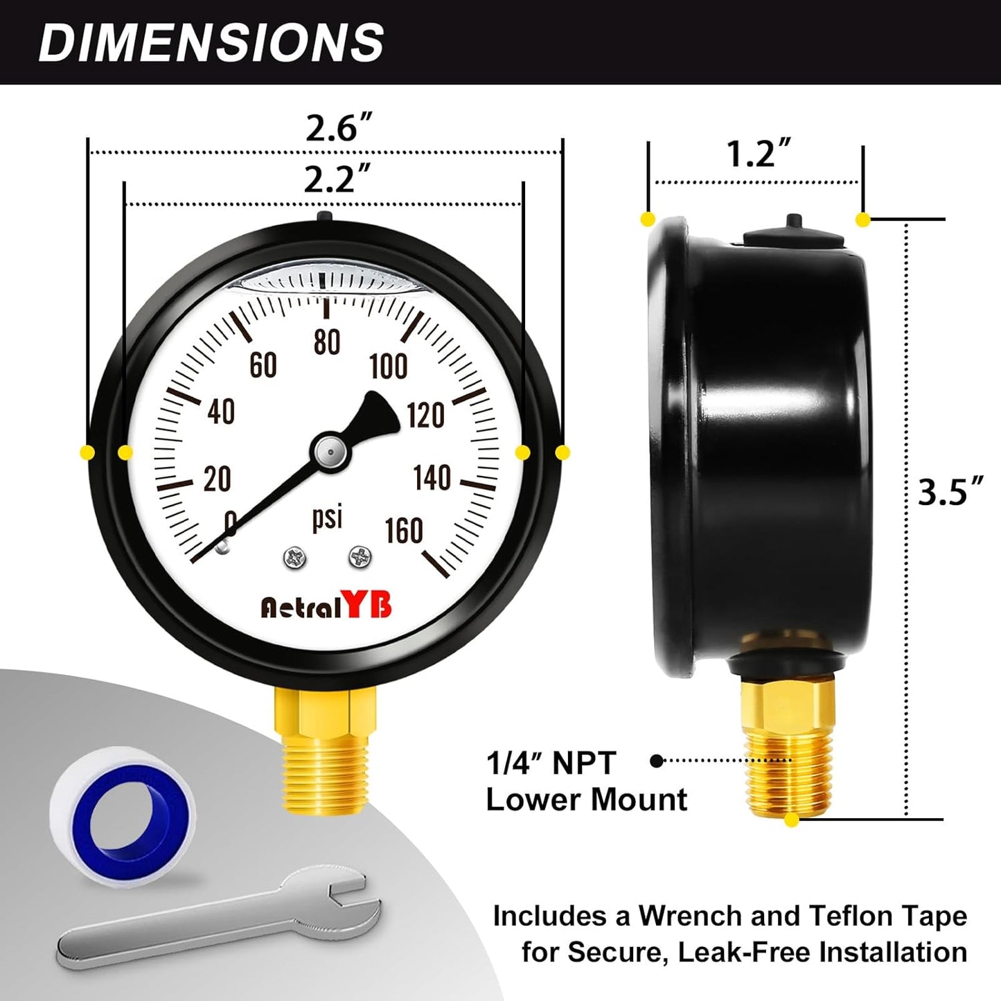 60 Psi 304 Stainless Steel,Glycerin Filled, 2.5" Dial, 1/4" NPT Lower Mount, Pool Pump Pressure Gauge Replacement for Swimming Pool, Spa and Aquarium Valve Filter, IP67 Waterproof