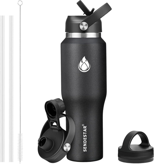 SENDESTAR 40oz Stainless Steel Water Bottle(Cold for 48 Hrs, Hot for 24 Hrs),Double Wall Vacuum Insulated Bottle with Straw Lid, Spout Lid and Flex Cap, Fit in Any Car Cup Holder,Black