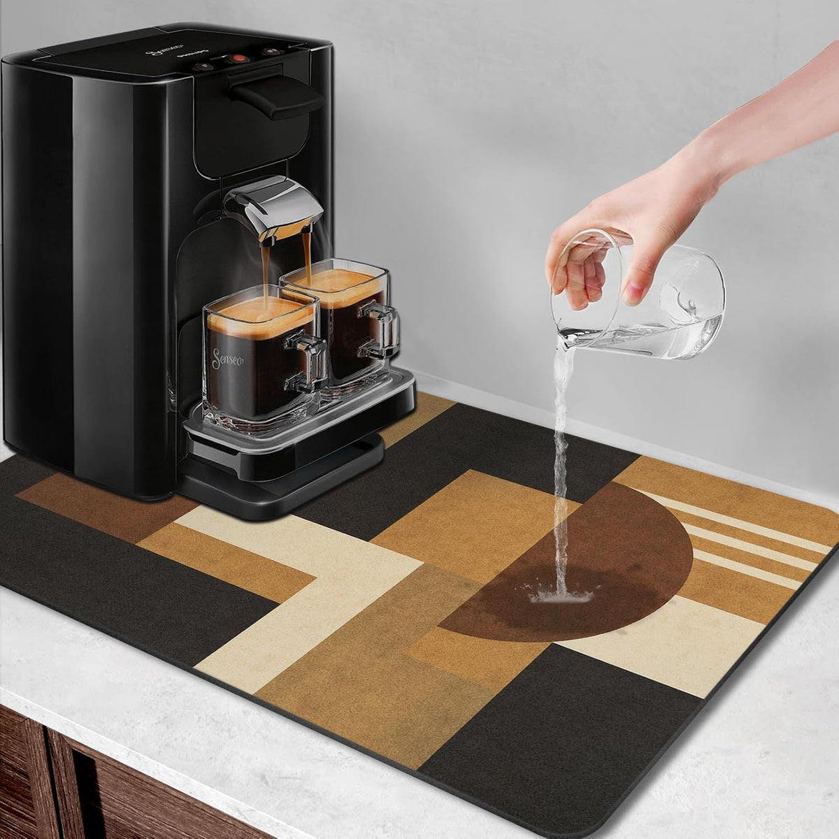 Arttown Coffee Mat for Countertops, 2 Pcs, 12" x 19" Geometric Retro | Ethnic Modern Dish Drying Mats Rubber Backed, Kitchen Bar Accessories for Espresso Machine Rack Hide Stain
