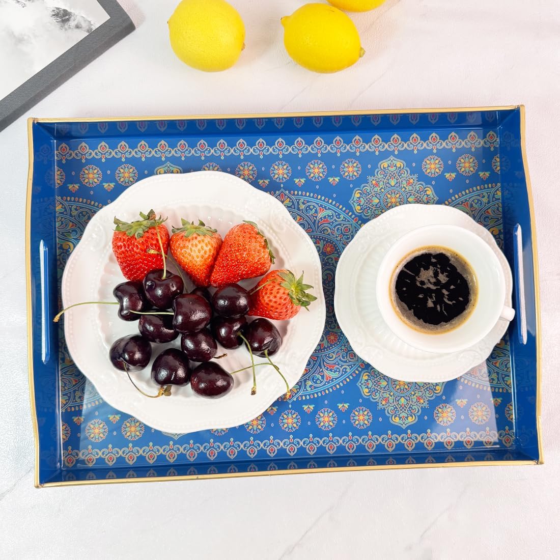 Boho Blue Decorative Tray, Serving Tray with Handles, Plastic Tray for Coffee Table, Ottoman - Ideal for Living Room &amp; Bathroom. 15” x 11” x 2.5”