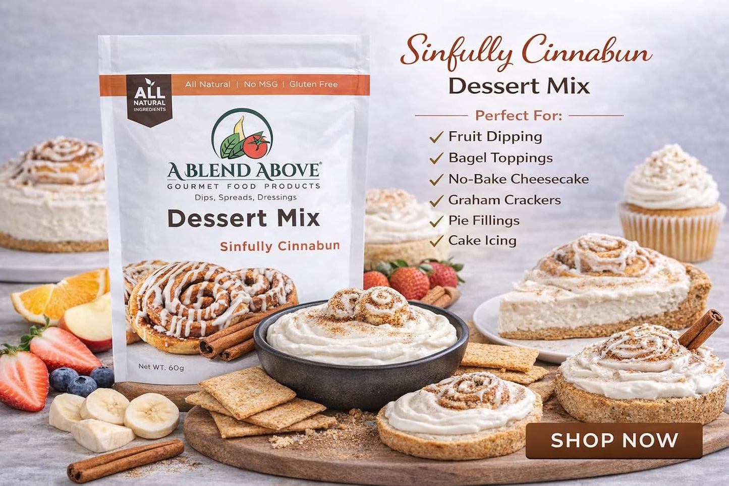 A Blend Above Sinfully Cinnabun dip Mix - No-Bake Desserts, All Natural, Gluten Free, No MSG - Instant Dessert Mix, Fruit Dip, Bagel Topping, Frosting, Cheesecake Filling - Makes 16 Oz (Pack of 3)