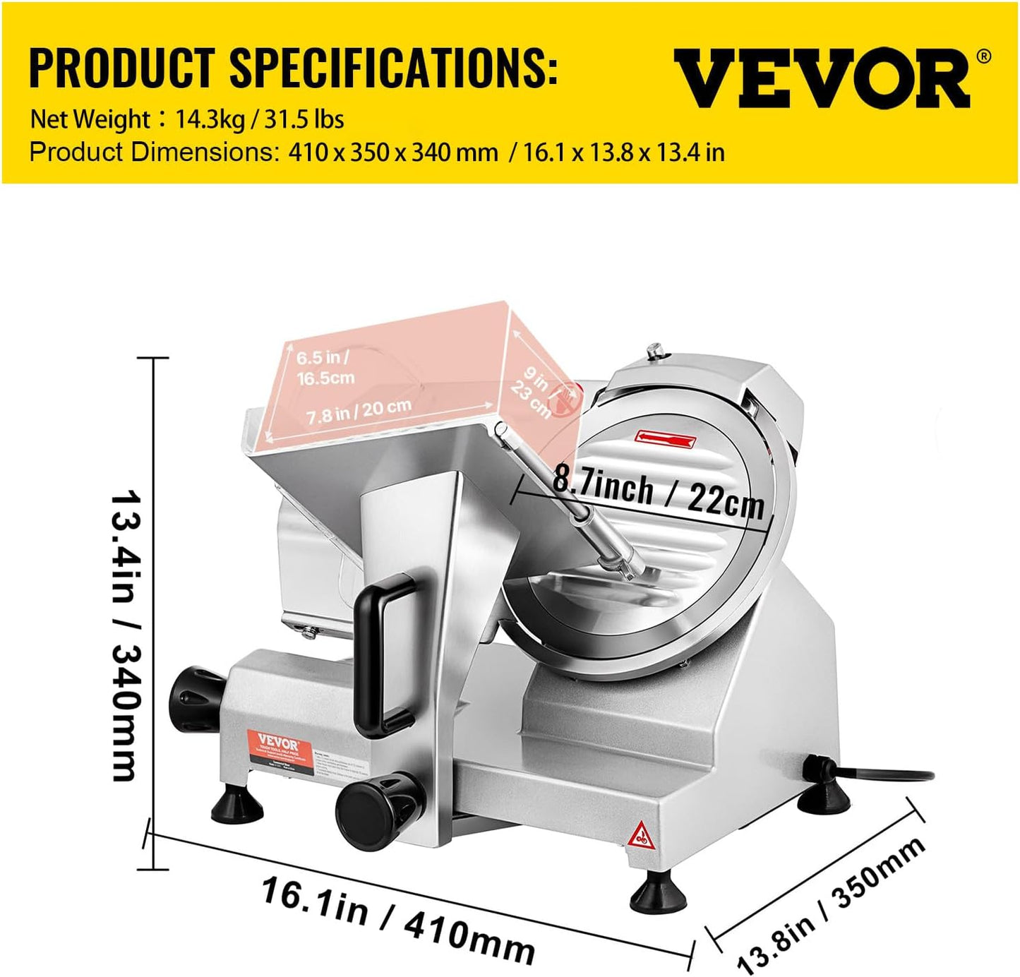VEVOR Commercial Meat Slicer, 200W Electric Deli Food Slicer, 0-12mm Adjustable Thickness Electric Meat Slicer, 350-400RPM Slicer with 8.7'' Chromium-plated Steel Blade for Home &amp; Commercial Use