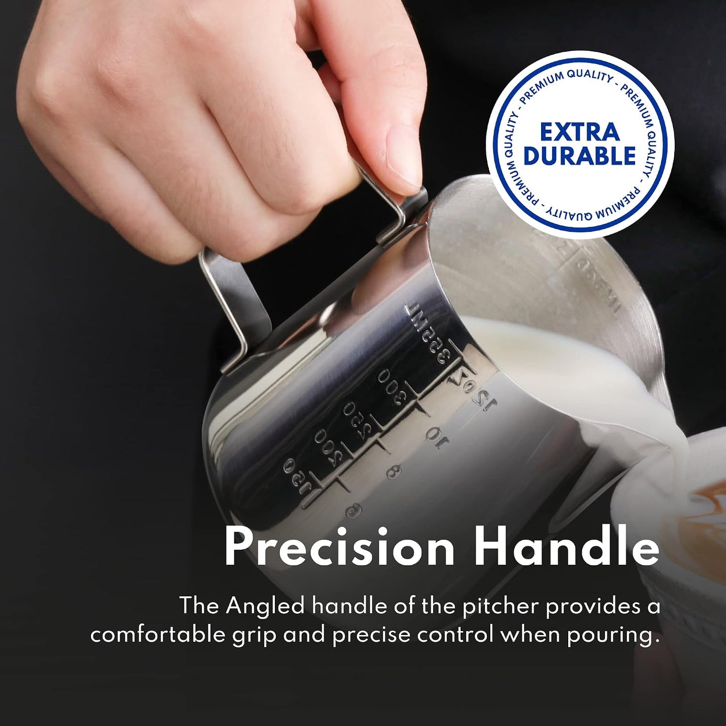 New Star Foodservice 28805 Stainless Steel Frothing Pitcher, 12 oz Espresso Milk Steaming Cup with Measurement Scale, Commercial Grade 18/8 Barista Pitcher for Lattes, Cappuccinos, Coffee, Silver