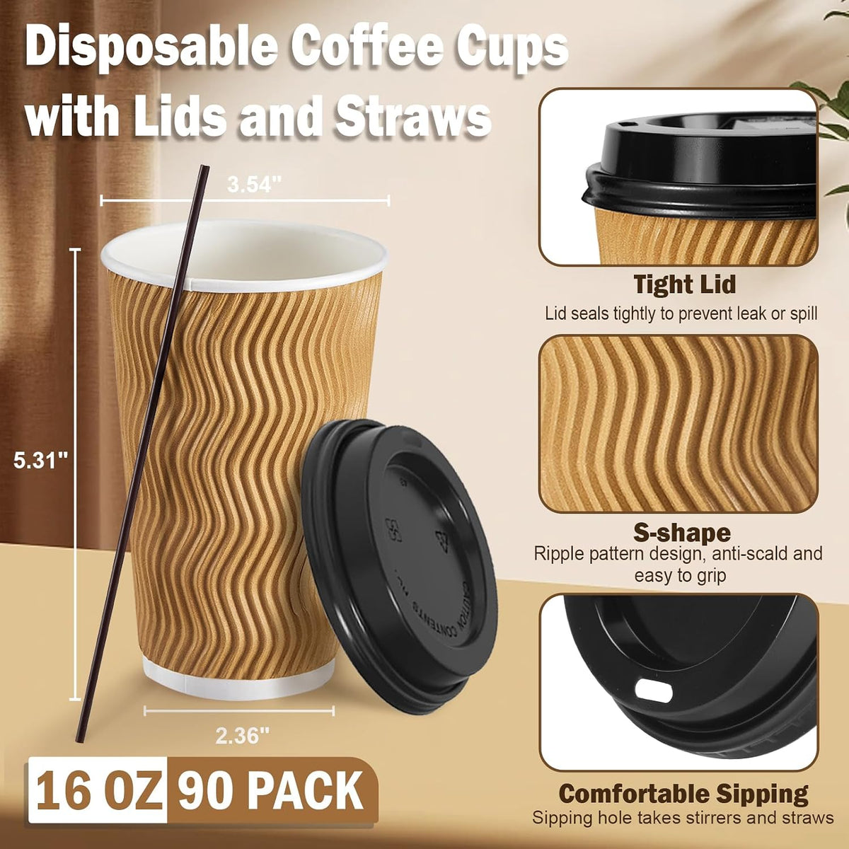 SIUQ 90 Pack 16 oz Disposable Coffee Cups with Lids and Straws - Champagne | Insulated Ripple Wall To Go Paper Cups for Hot/Cold Drinks, Coffee, Tea &amp; Chocolate. Ideal for Office, Travel, Parties