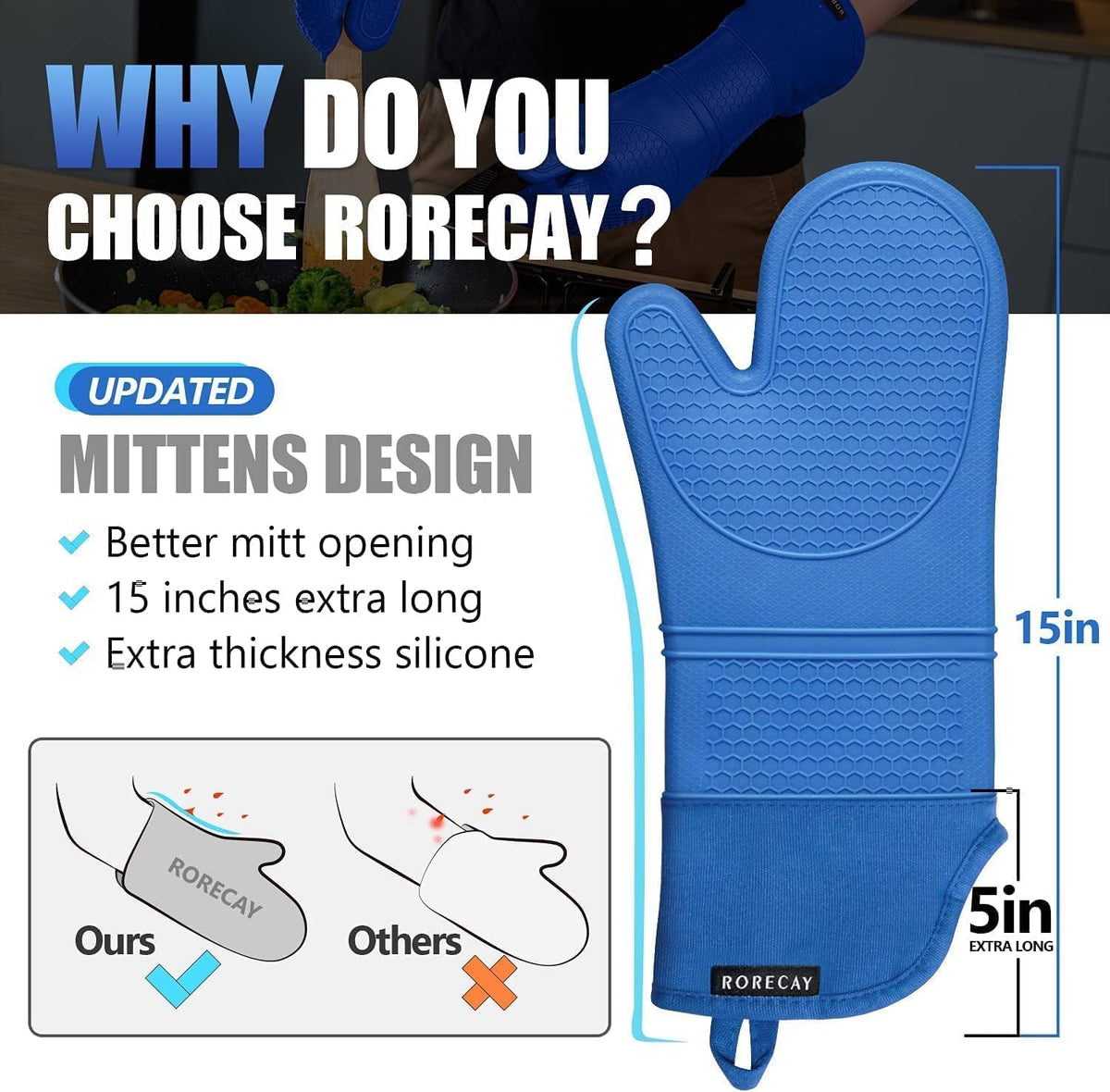 RORECAY Silicone Oven Mitts and Pot Holders Sets, Gloves for Kitchen, Blue | Set of 6 Kitchen Mitts for Baking &amp; Cooking, Heat Resistant 500 ℉, 15" Extra Long, Non-Slip &amp; Waterproof, Quilted Cotton