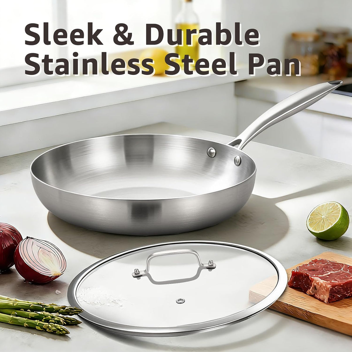 Inqibee 8 Inch Tri-Ply Stainless Steel Frying Pan with Lid,Omelet Pan,Egg Pan,Skillet,Induction Cooking Pan,Dishwasher and Oven Safe