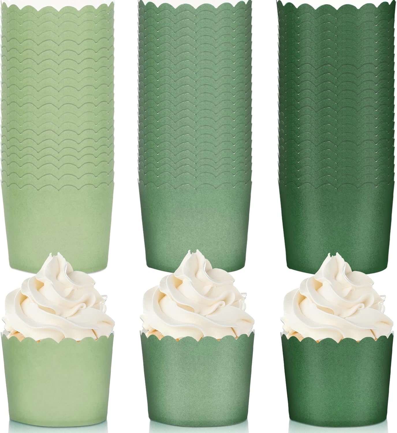 Whaline 120Pcs Sage Green Paper Baking Cups Scalloped Edge Cupcake Wrappers Gradient Green Cupcake M