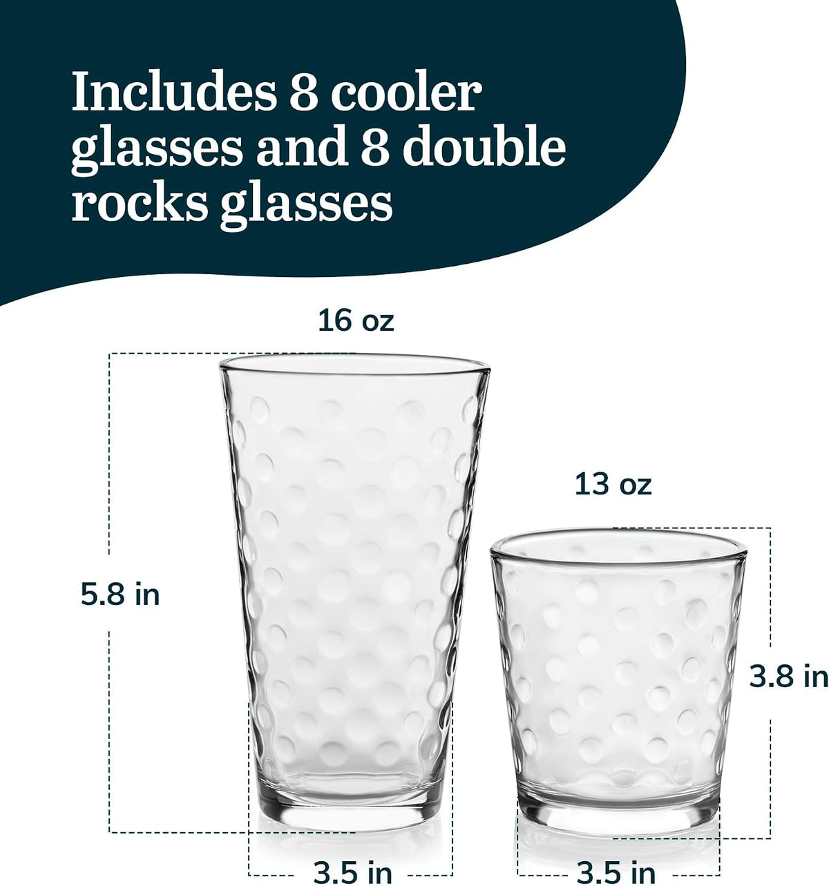Libbey Awa Polka Dot Tumbler &amp; Rocks Drinking Glasses Set of 16, Glass Cups | 16 oz and 13 oz Capacity Vintage-Inspired Polka Dot Texture for Water, Juice, Cocktails &amp; More, Dishwasher Safe Cleanup