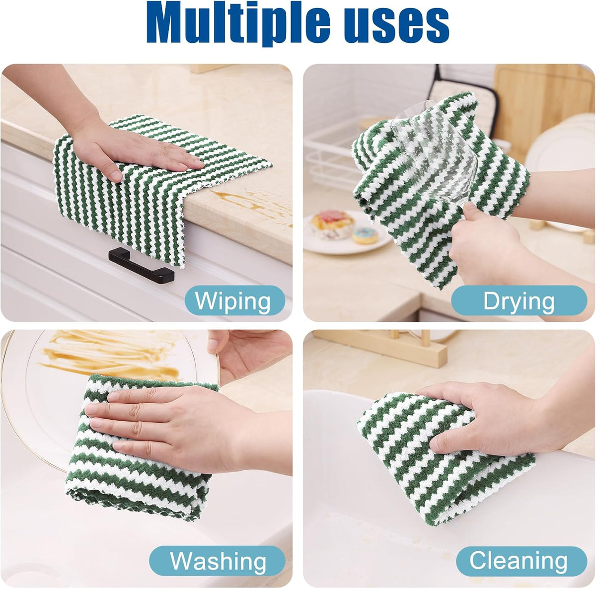 Homaxy 18 Pack Kitchen Dish Cloths, Ultra Soft and Absorbent Dish Towels, Reusable Fast Drying Microfiber Cleaning Cloth, Coral Velvet Wave Design No-lint,10 x 10 inches, Grass Green