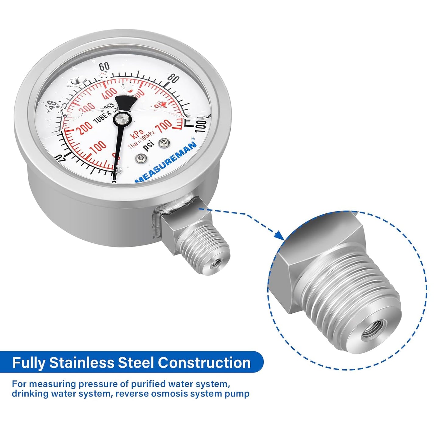 MEASUREMAN Pressure Gauge 1/4 NPT, 0-100psi/kPa Fully Stainless Steel Hydraulic Glycerin Filled Pressure Gauge with 2.5 Inch Dial Size (0-100 psi, Lower Mount - 100% Stainless Steel)