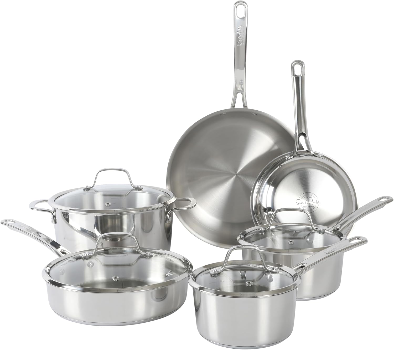 Sur La Table Kitchen Essentials Chef's Deck 10 Piece Stainless Steel Non Toxic Pots and Pans Kitchen Cookware Set w/Trip
