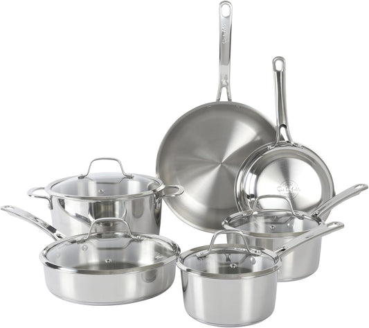 Sur La Table Kitchen Essentials Chef's Deck 10 Piece Stainless Steel Non Toxic Pots and Pans Kitchen Cookware Set w/Trip