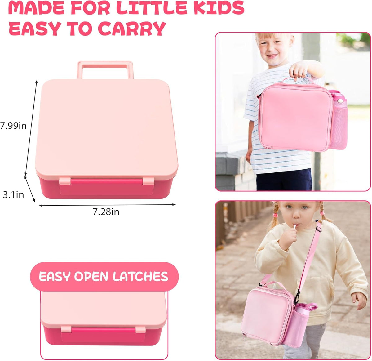 Kids Bento Lunch Box with 8oz Soup Thermo, Water Bottle, Leakproof Lunch Food Containers with 4 Compartment, Kids Insulated Hot Food Jar with Lunch Bag for School(Pink)