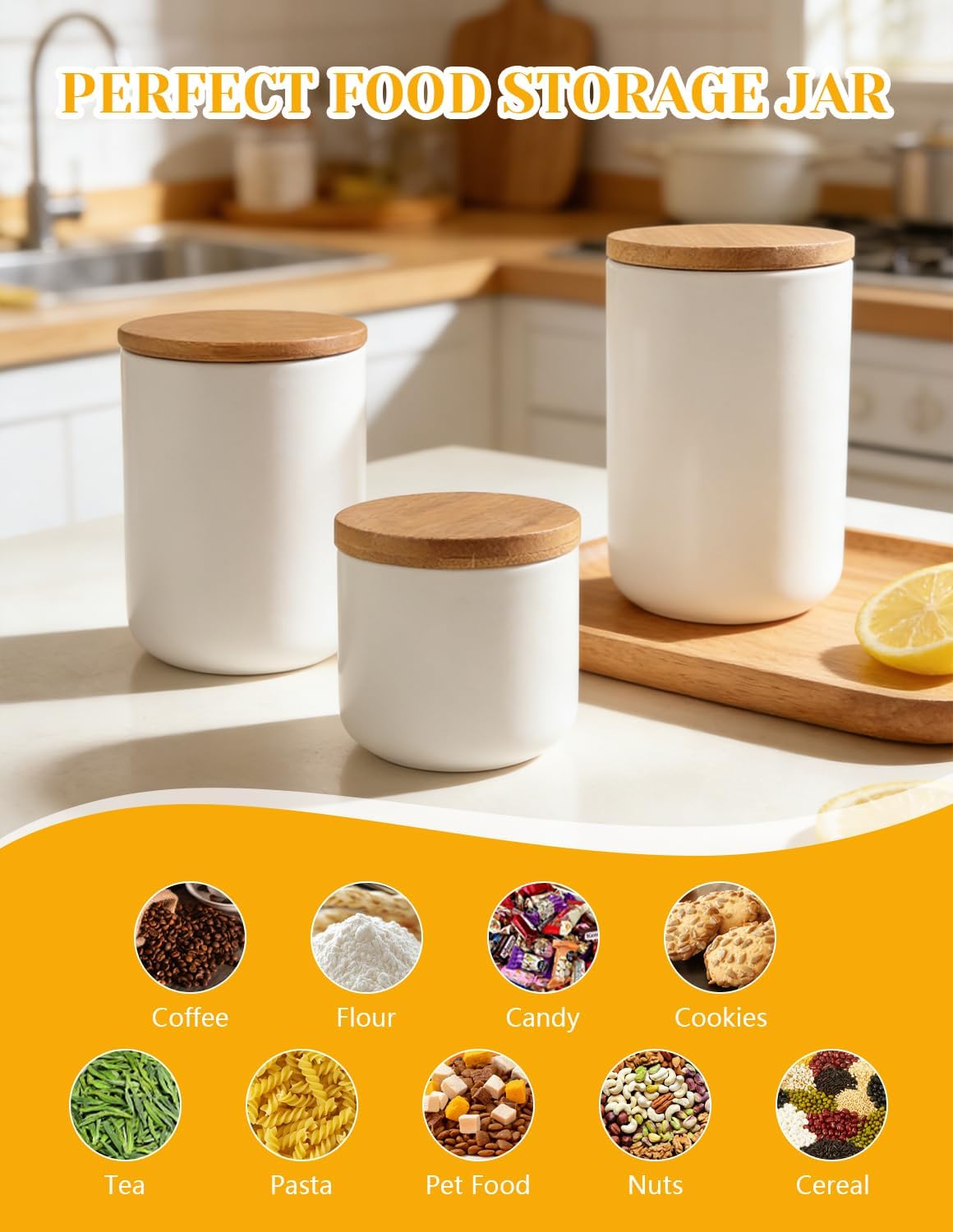 YYW Ceramic Food Storage Containers with Lids, 800ml/27oz Food Storage Jar | White Kitchen Storage Containers, Good for Flour, Coffee Bean, Sugar, Tea, Spices and More, Home Decor