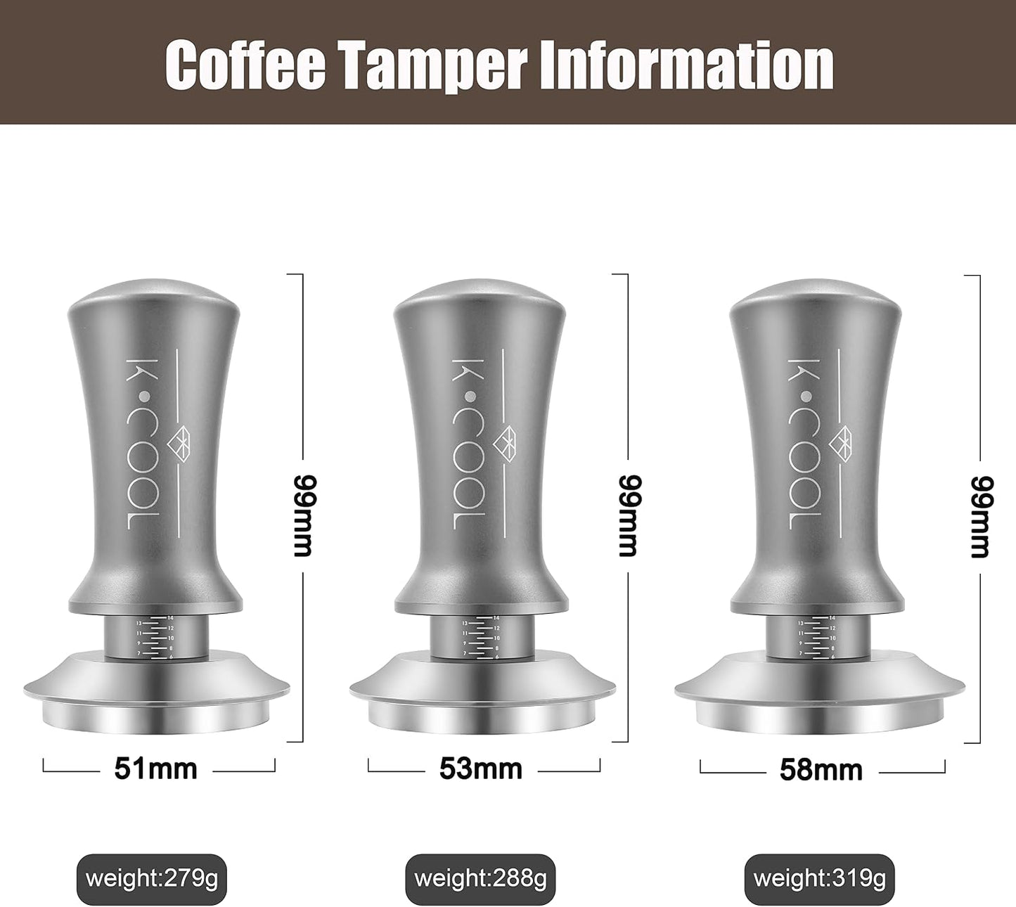 K COOL Espresso Tamper, Coffee Tamper, Premium Barista Tools Tamper with Calibrated Spring 30lb, 100% Stainless Steel Flat Base Tamper with Scale Mark for Espresso Coffee Machine (53mm, Silver)