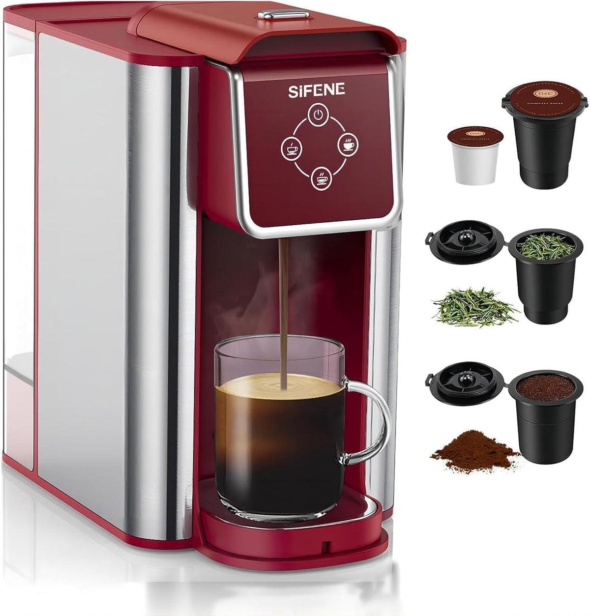 3-in-1 Single Serve Coffee Maker, Quick Brew for Coffee Pods, Ground Coffee, &amp; Loose Tea, 6-12oz Cup Sizes, 50oz Removable Water Tank, 1150W, Compact &amp; Efficient, Red