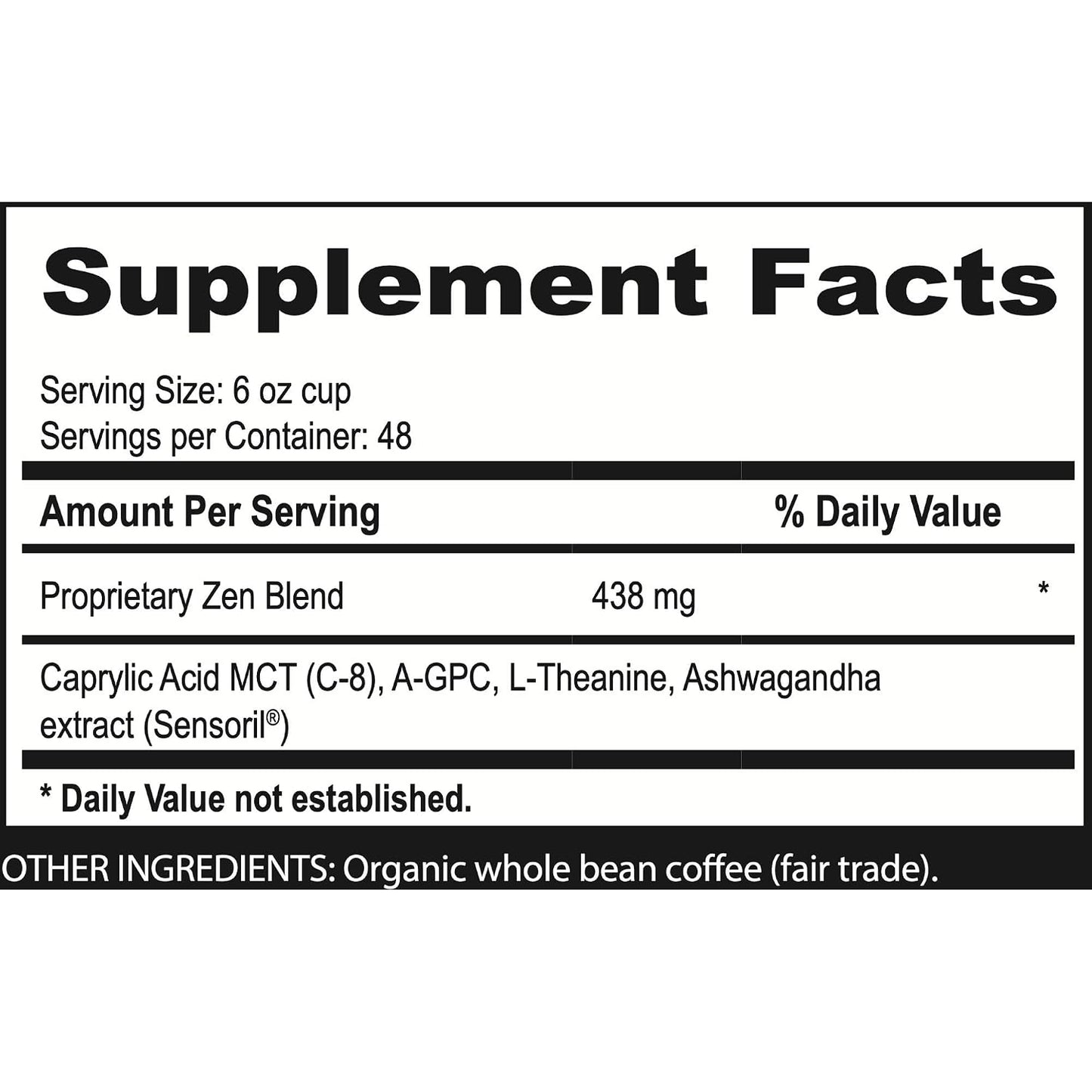 Brain Bean Zen-Blend Organic Coffee Whole Bean with Caprylic Acid MCT (C-8), A-GPC, L-Theanine &amp; Ashwagandha Extract - Premium Grade Organic Coffee Beans for Focus &amp; Calm Support (16 Oz)