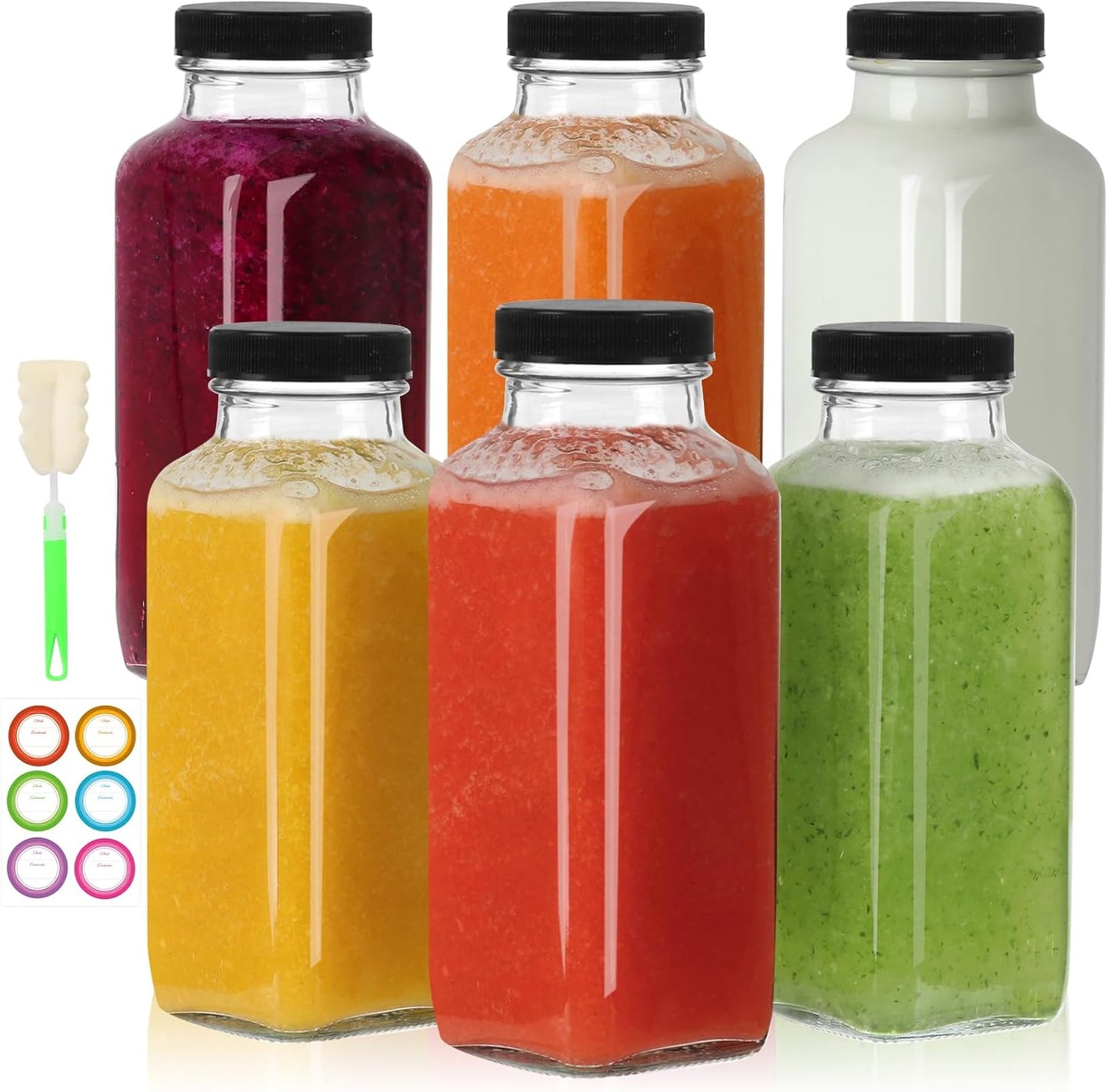 12 oz Glass Juice Bottles with Lids 6 Pack,Reusable Glass Drink Bottles,350ml Water Drinking Jars fo