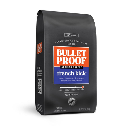 Bulletproof French Kick Dark Roast Ground Coffee, 12 Ounces, 100% Arabica Beans, Clean Coffee Tested for Toxins, Packaging