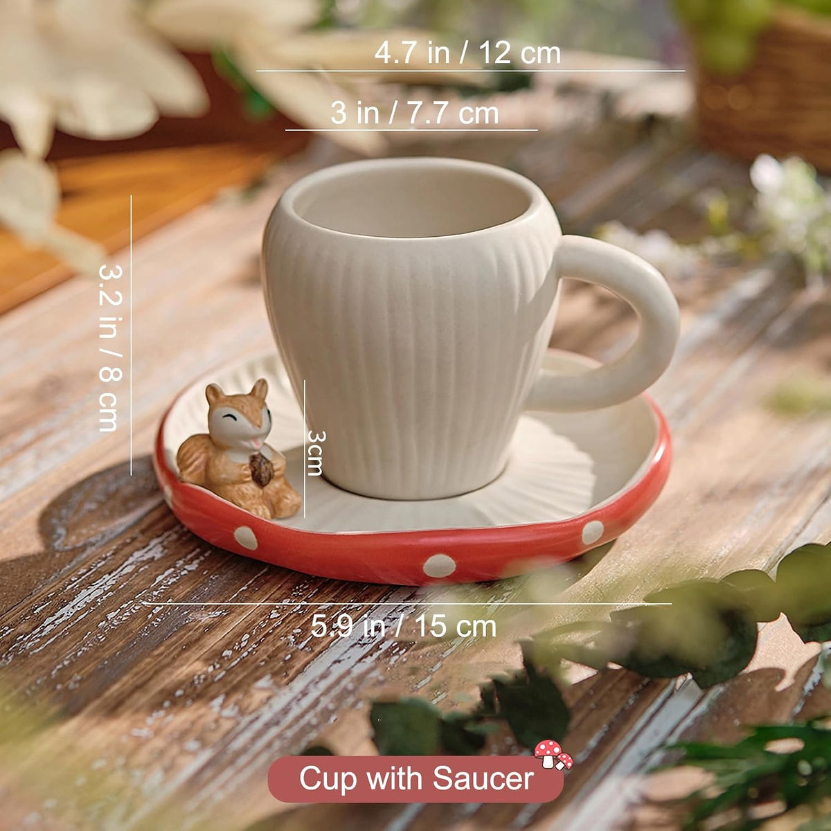 Cute Mushroom Mug with Saucer, Handmade Glaze Polka Dot, with Squirrel Decoration on the Plate. Safety Matt Ceramic Coffee Cups, 11 oz Cartoon Tea Cup. Best Gifts for Women &amp; Girls.