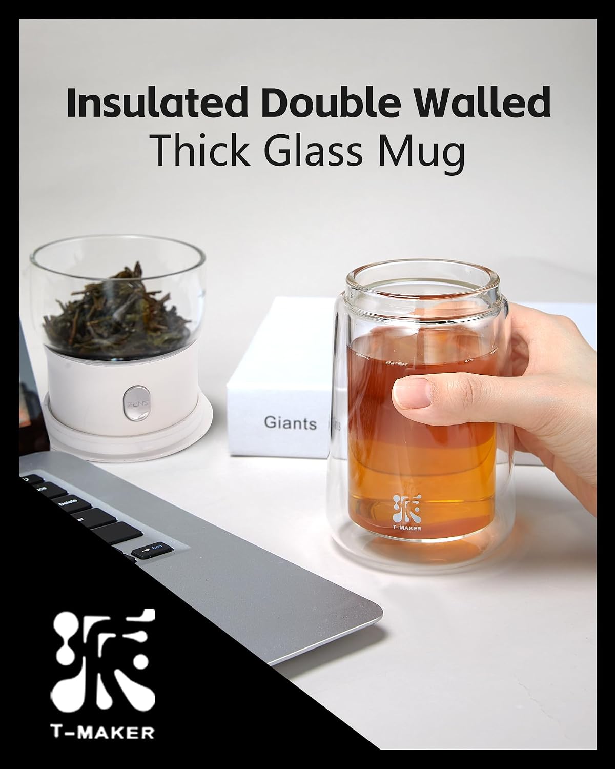 ZENS Modern Glass Infuser Pot, One Touch Tea Maker for Loose Leaf Tea | Glass Teapot with Infuser, Magic Tea Infuser with 6.7oz Insulated Mug and Portable Case for Tea Lovers Gifts