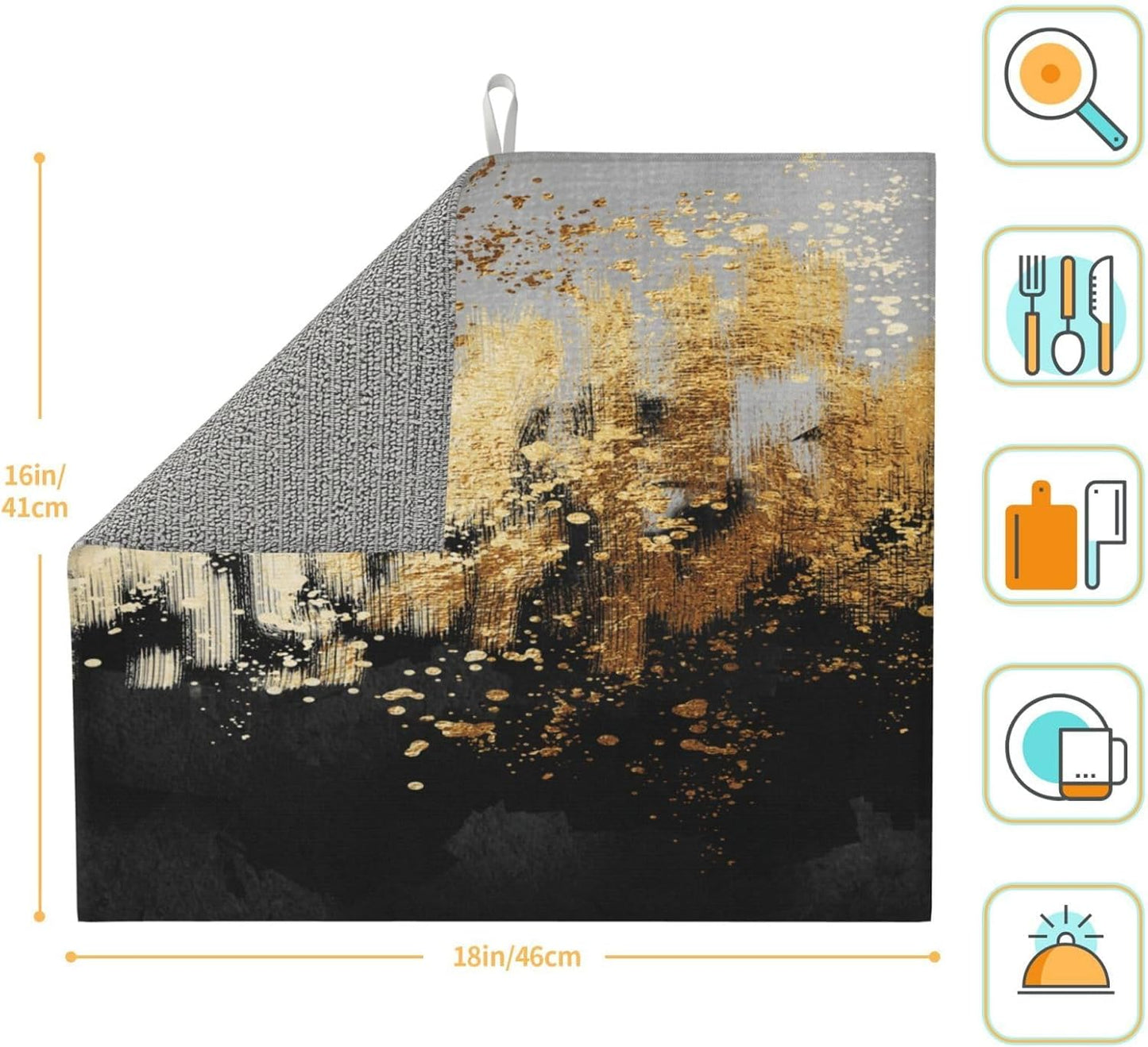 Black Gold Art Splash Dish Drying Mat for Kitchen Counter, Absorbent Microfiber Abstract Modern Drying Pad, 16 x 18 inch, Luxury Decorative Foldable Kitchen Mat for Sink &amp; Coffee Bar, Black Home Decor