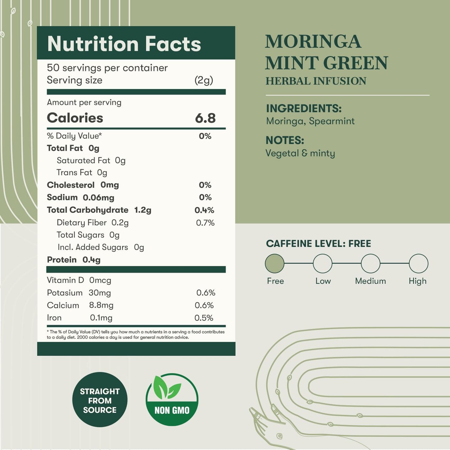 Luxmi Estates Moringa Mint Tea, Loose Leaf, 50g (1.76oz, ~25 Cups), Moringa Oleifera Leaf with Spearmint - Caffeine-Free Herbal Superfood Infusion, Vegan &amp; Non-GMO