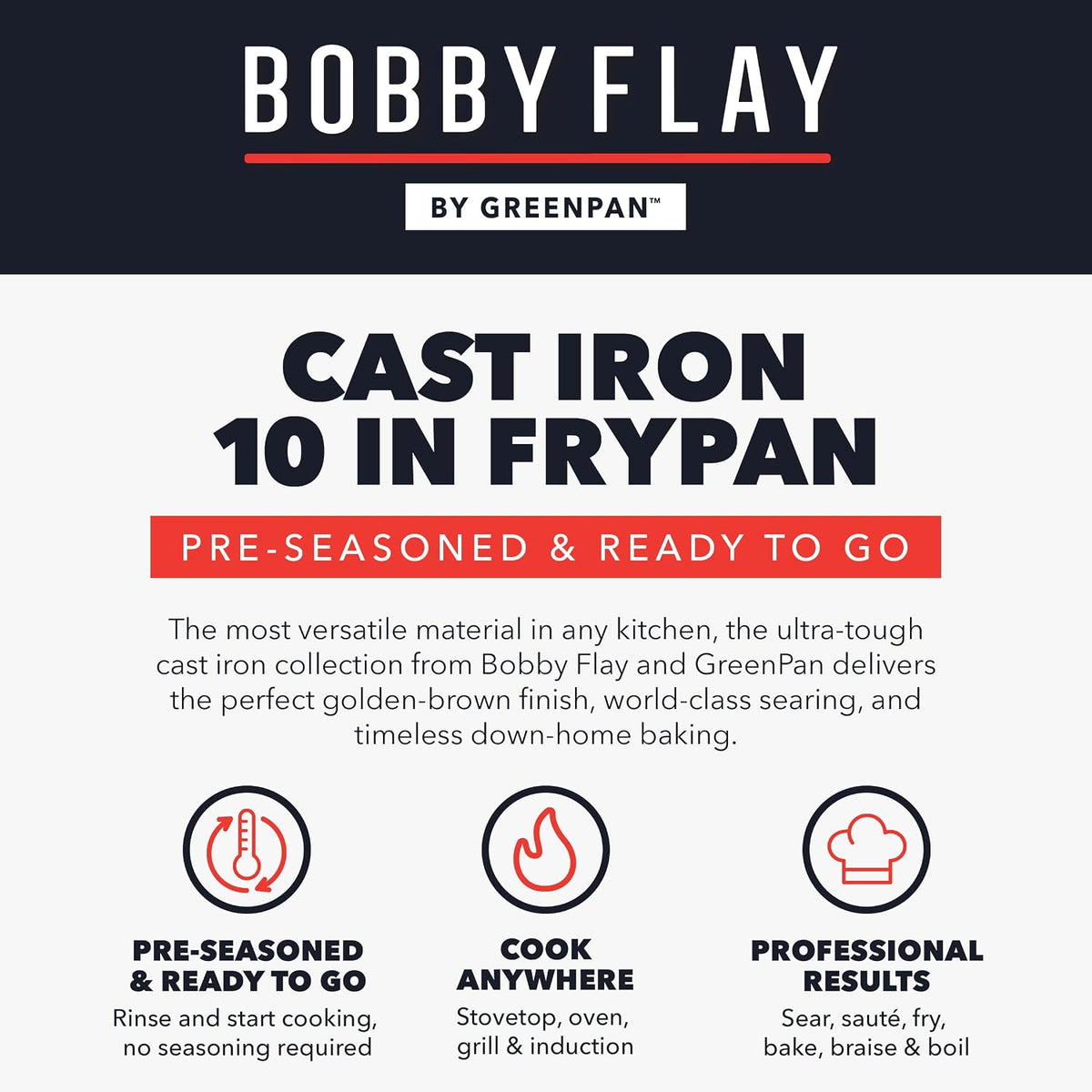 GreenPan x Bobby Flay 10” Cast Iron Pre-Seasoned Skillet with Helper Handle, Professional Grade Heavy Duty, Induction, Pour Spouts, Versatile Stovetop, Oven, BBQ Grill Fire, Indoor/Outdoor Use, Black