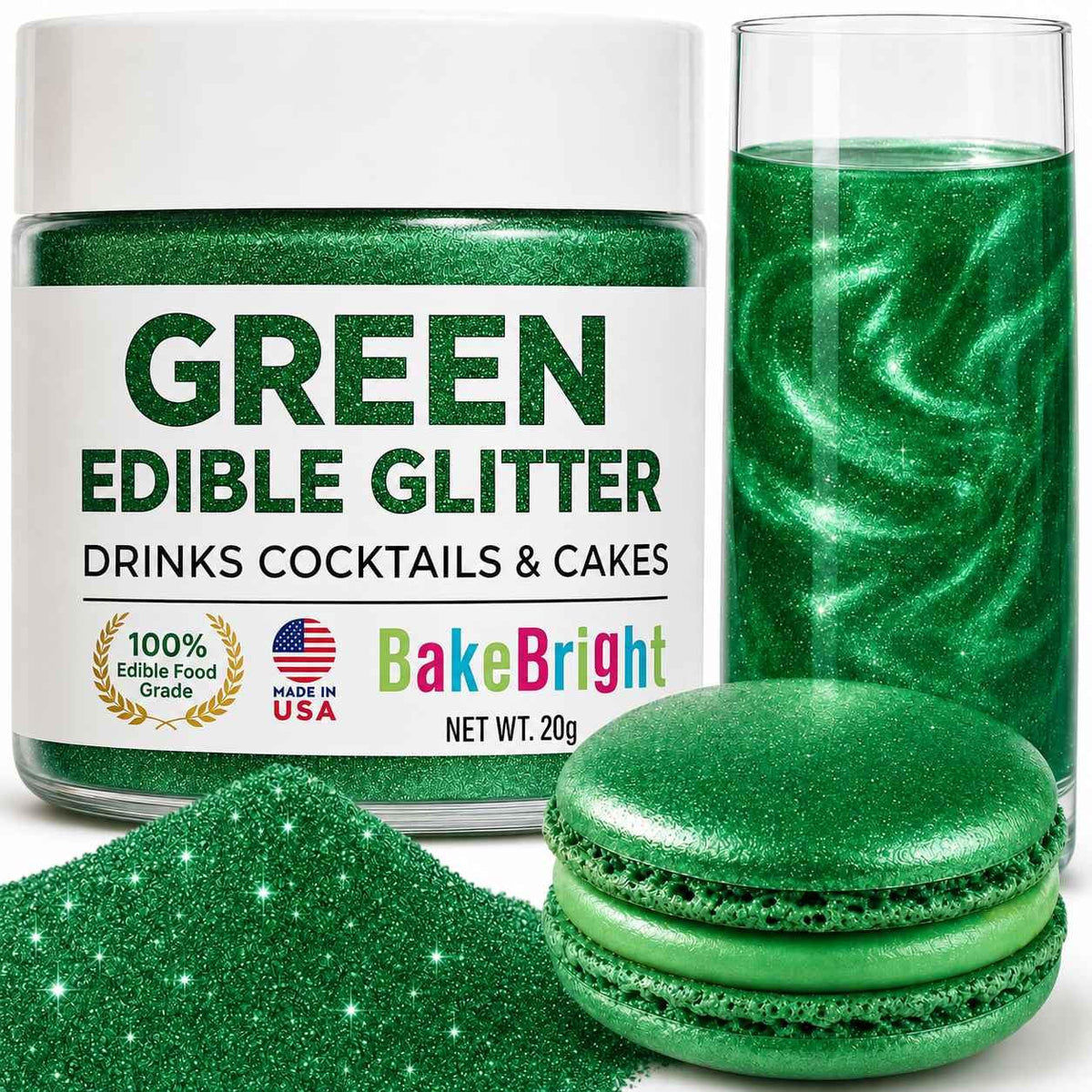 Dark Green Edible Glitter for Drinks 20g - Green Edible Glitter for Cakes Cocktails Cake Decoration Sprinkles - Green Luster Dust for Cocktail &amp; Cake Topper Chocolate Baking Decorating Fondant Cookies - Drink Shimmer Spray - Food Grade Vegan, Kosher,