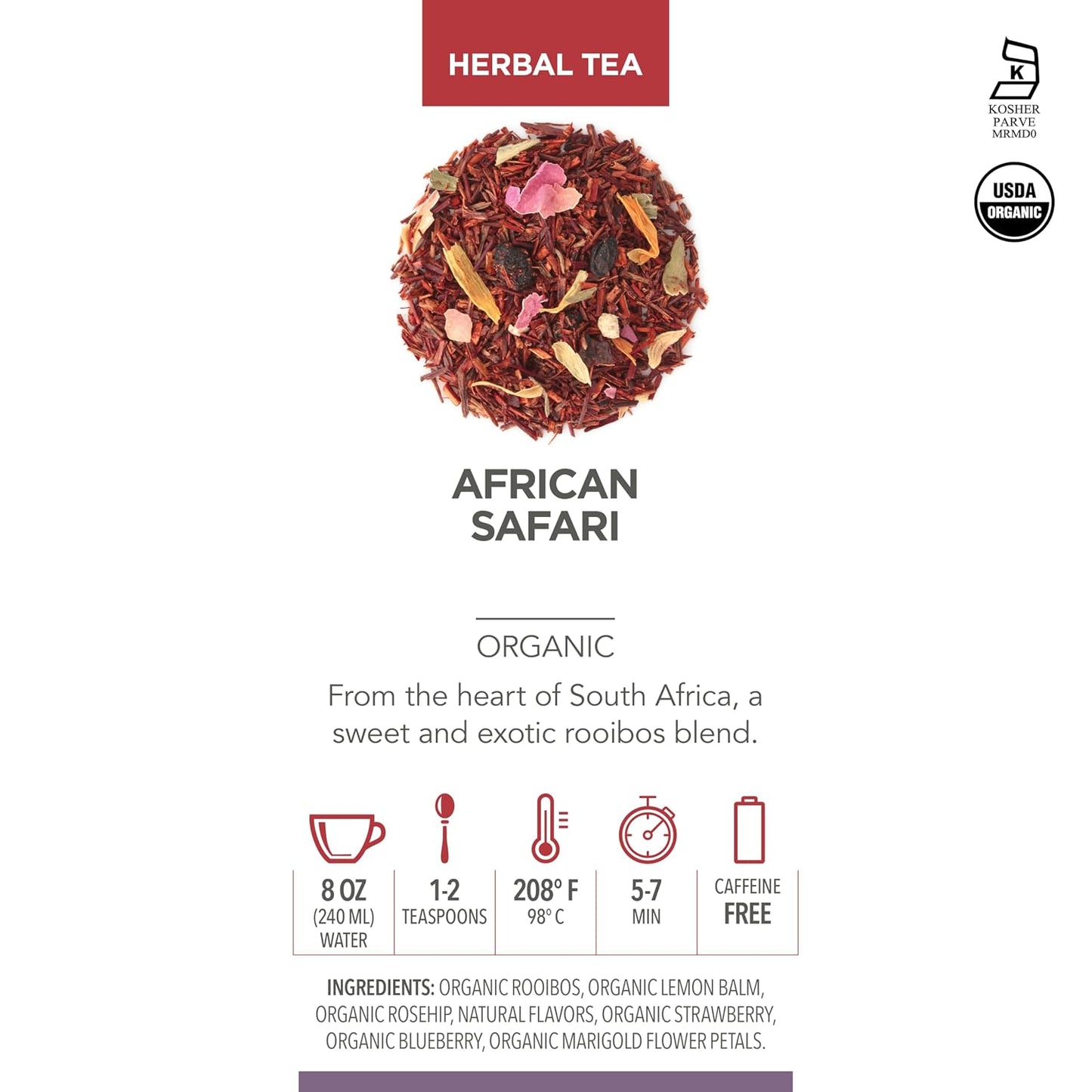 Teabloom Organic Herbal Tea, African Safari Loose Leaf Tea, Sweet Rooibos Blend with Berry Flavors and Vanilla, USDA Certified Organic, Fresh Whole Leaf Blend in Reusable Gift Canister, 3.53 oz/100 g Canister Makes 35-50 Cups