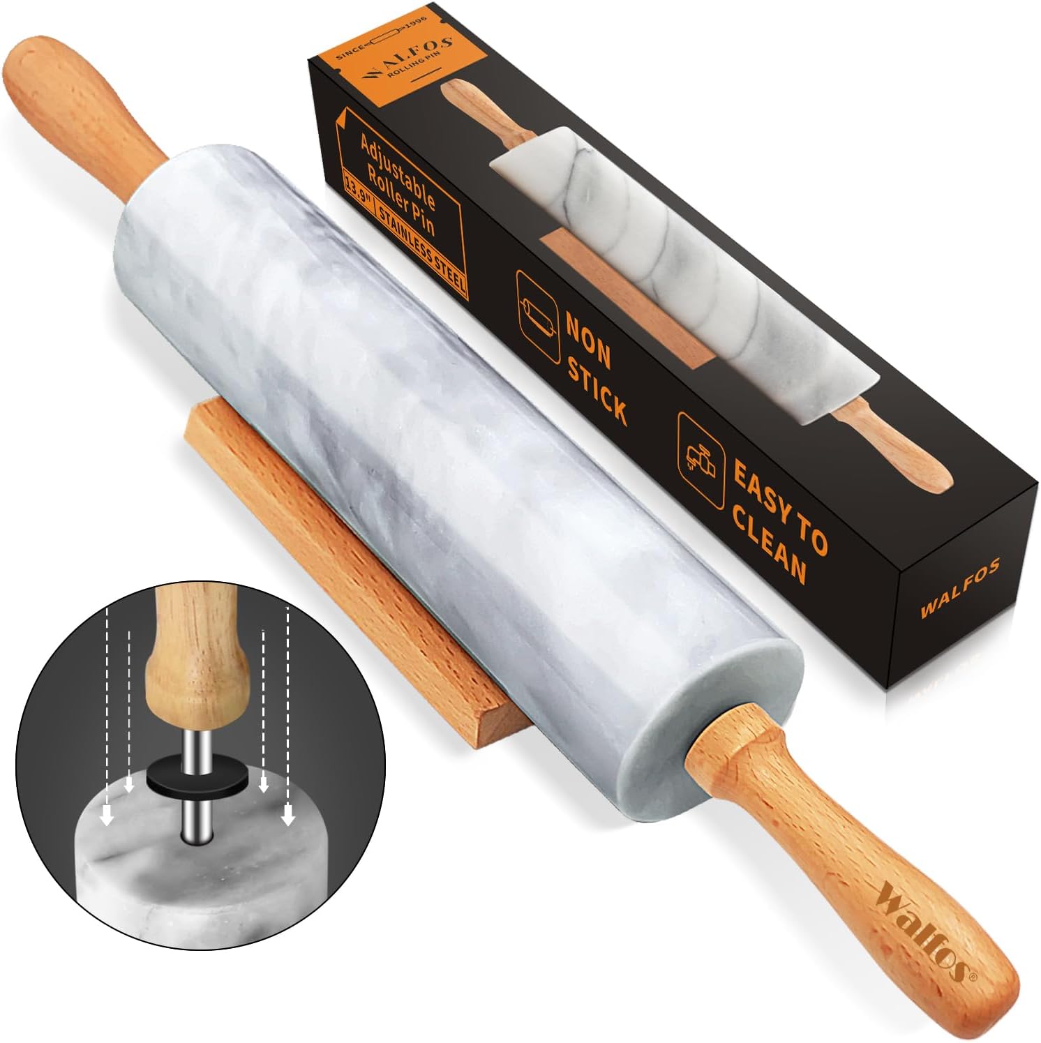 Walfos Marble Rolling Pin With Wooden Handles & Wood Cradle, 16.5 Inch Marble Rolling Pins For Making Pizza Dough And