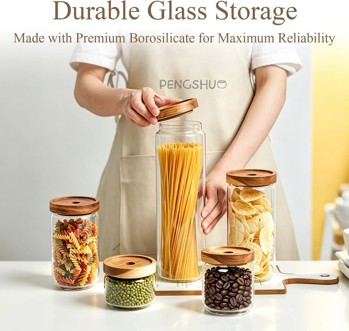 Glass Jars with Airtight Wood Lids - 25 OZ / 750 ML Kitchen Pantry Storage Containers, Decorative Canister for Chia Seed, Coffee Bean, Sugar, Spice, Cereal, Oats, Cookie, Candy, Tea, Nuts, Set of 2