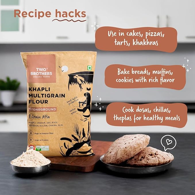 Khapli Multigrain Atta | Emmer Flour | 8 Super Grains Flour Mix | Diabetic Friendly | High Fibre & High Protein | Low GI Atta | Emmer, Jowar, Jau, Ragi, Soybean , Chickpea | 2kg from Two Brothers Organic Farms