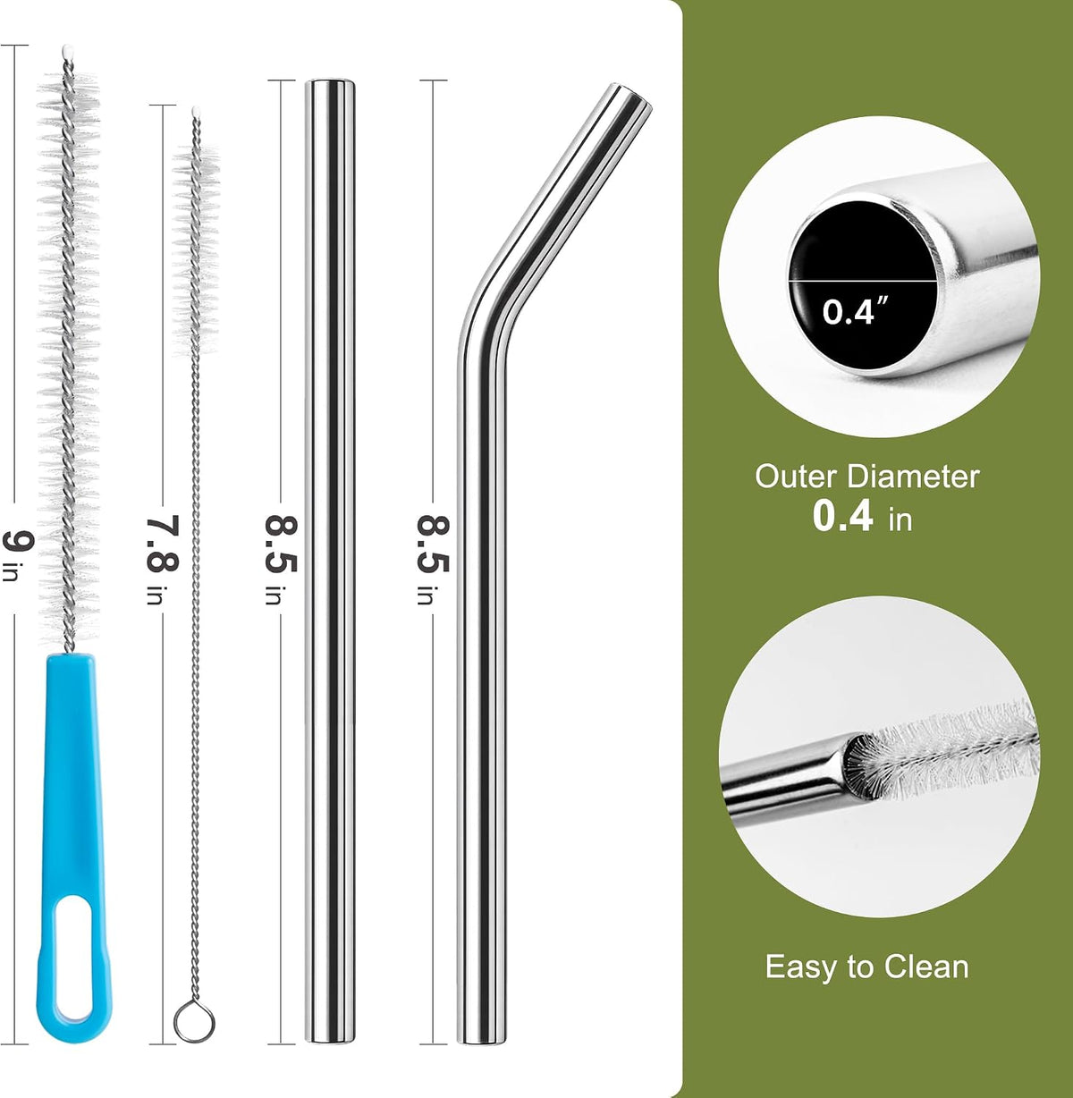 0.4" Extra Wide Stainless Steel Reusable Straws for Smoothie, Boba, 6 Pack