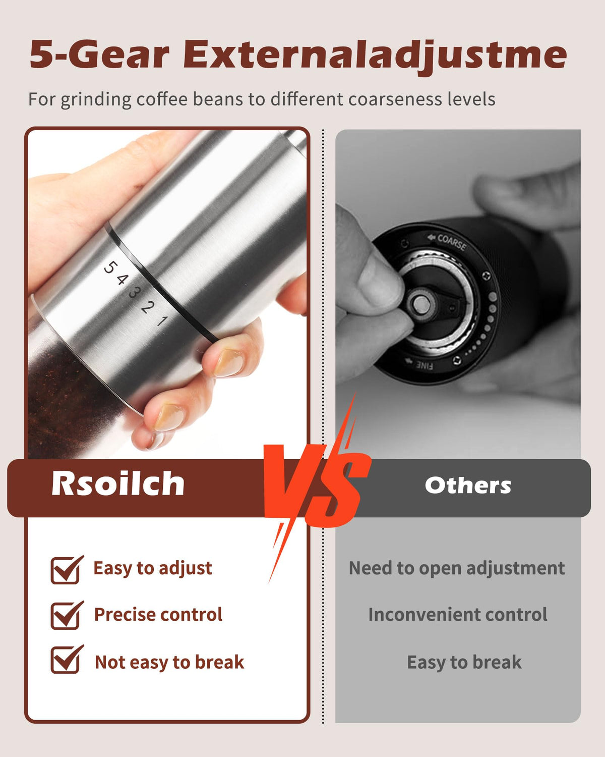 Rsoilch Manual Coffee Grinder With Ceramics Burr For Espresso,French Press,5 Adjustable Settings,Hand Maker with Built-I